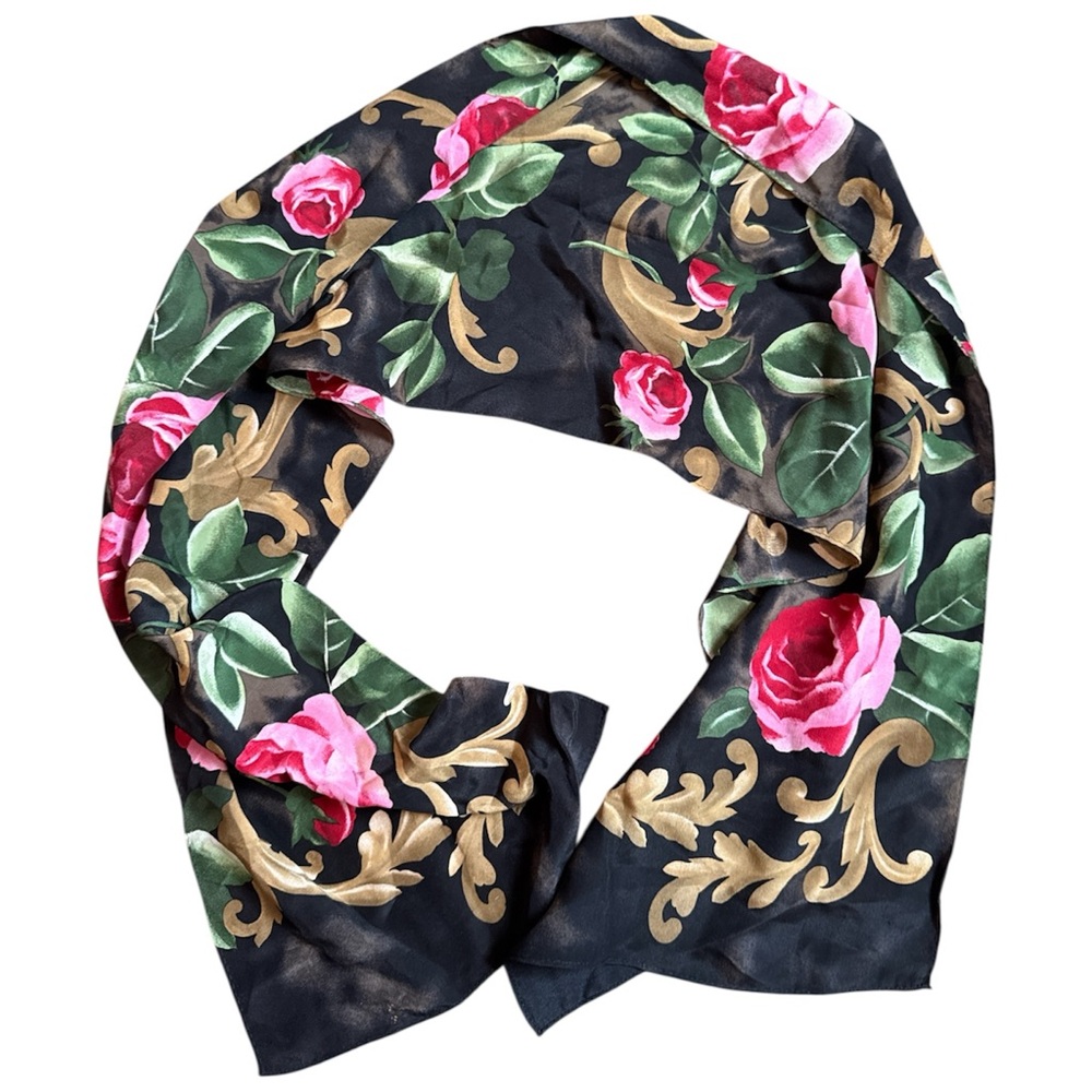 Vintage Jones NY Silk Chiffon Roses Ornate Scarf 52”x11”